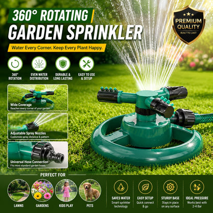 360 Degree Rotating Durable 3 Arms Adjustable Water Sprinkler Gardening