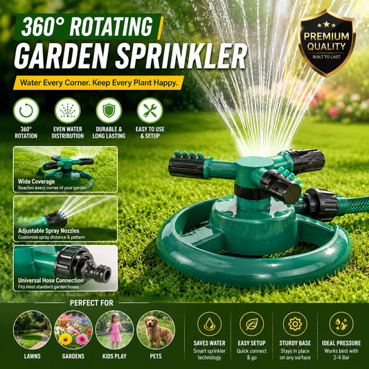 360 Degree Rotating Durable 3 Arms Adjustable Water Sprinkler Gardening