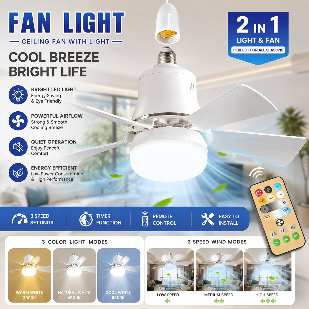 2-IN-1 PORTABLE CEILING FAN & LIGHT with Remote Control